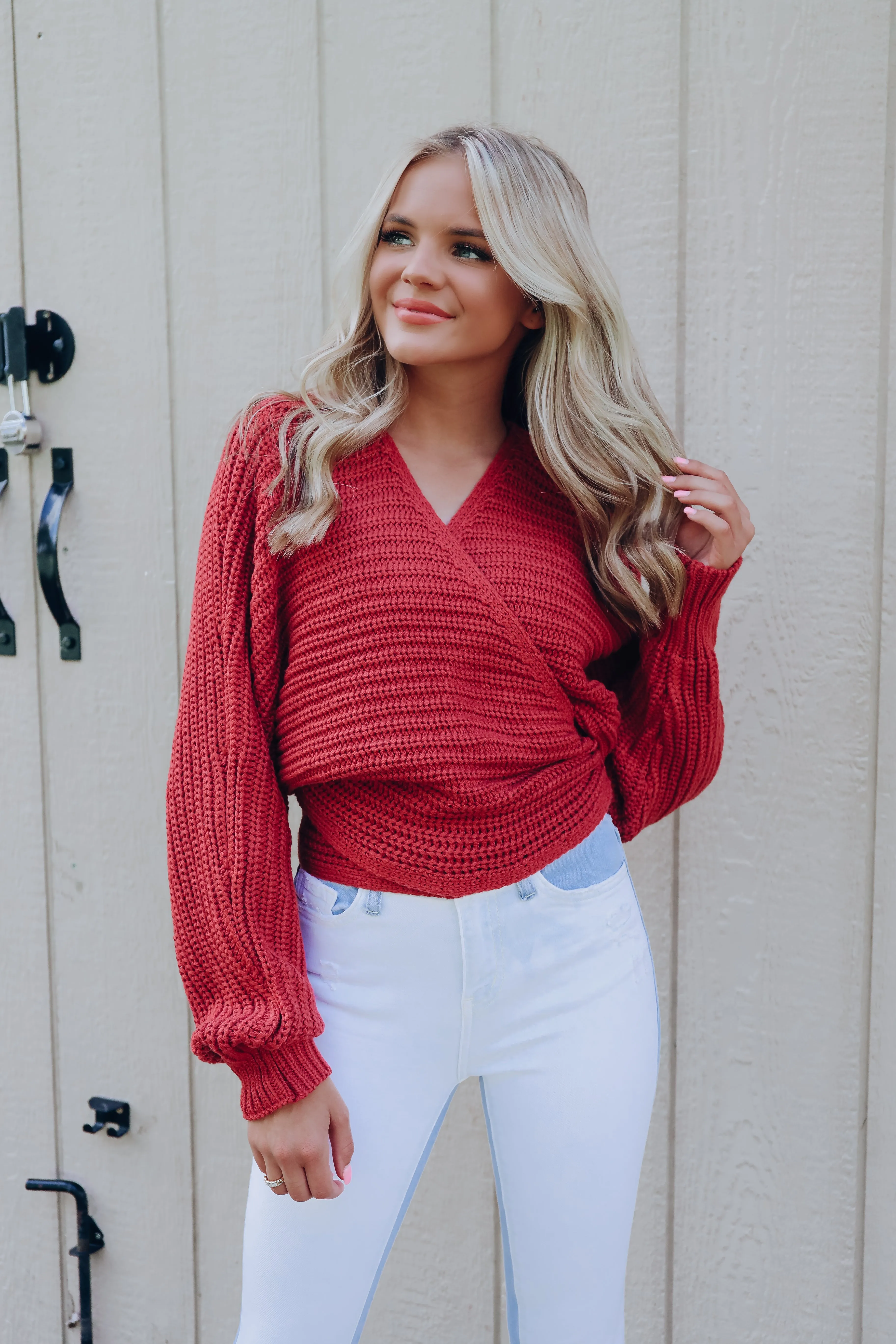 Spencer Surplice Tie Back Knit Sweater - Terra Cota
