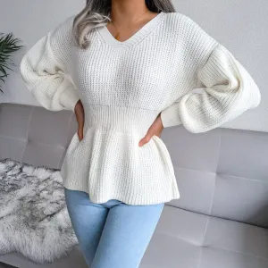 Spice Knit Peplum V-Neck Long Sleeve Sweater