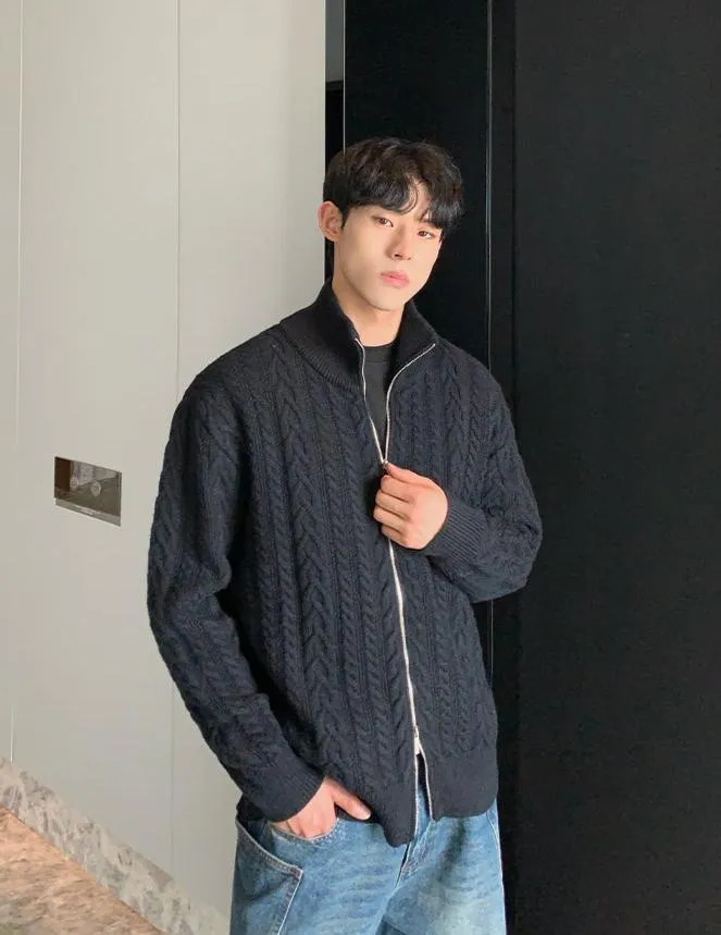 Stand Collar Textured Knit Zipper Cardigan