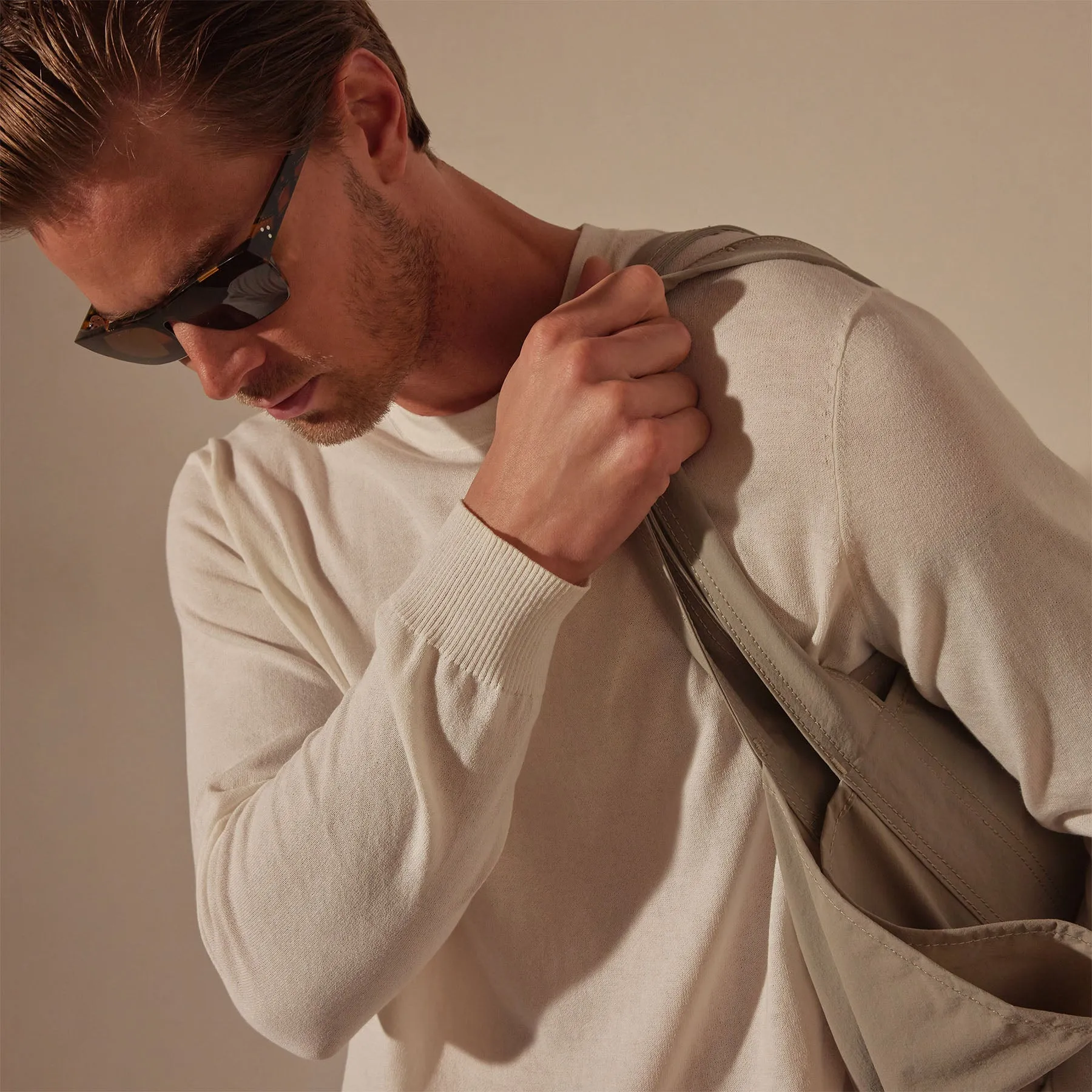 Stretch Cotton Crew Sweater - White