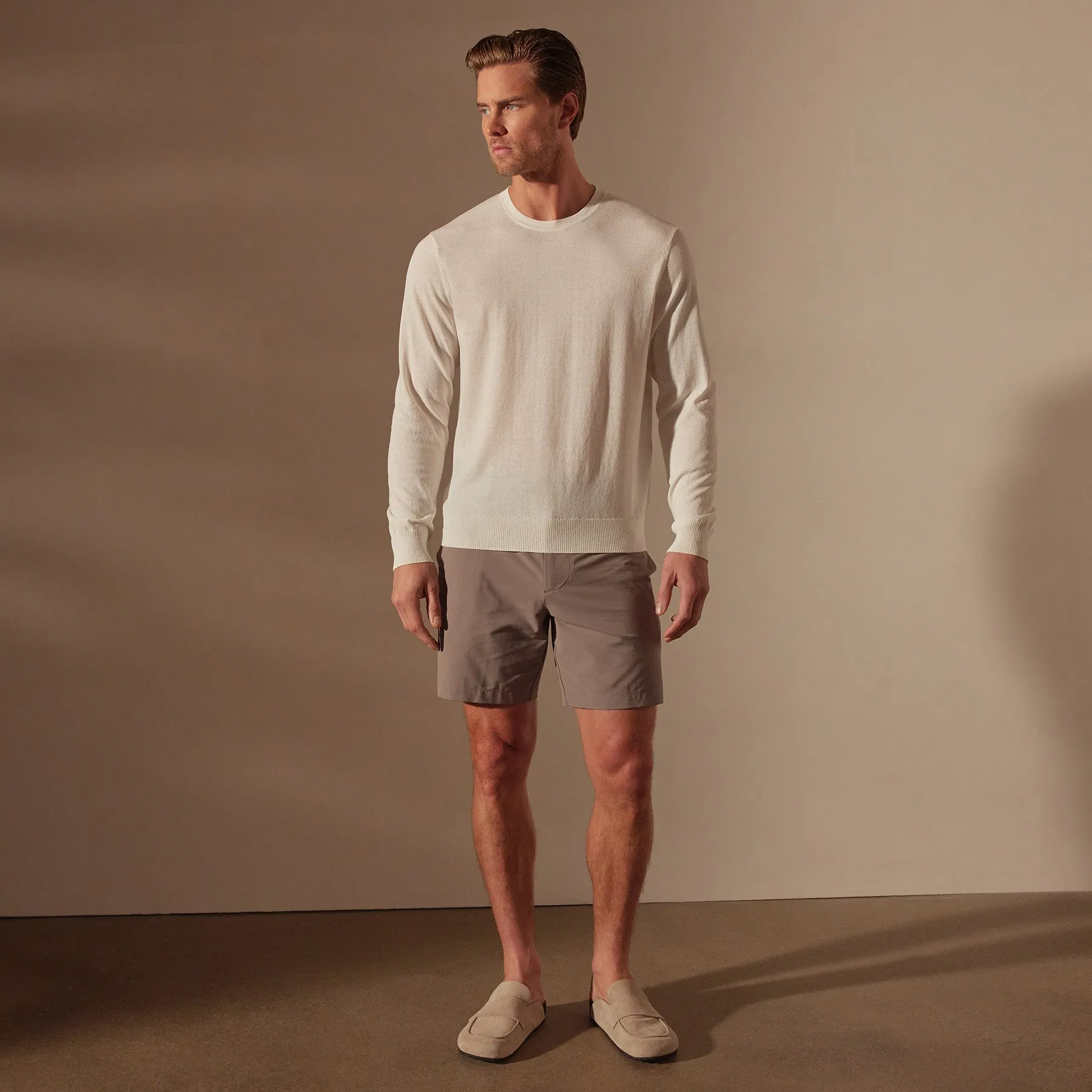 Stretch Cotton Crew Sweater - White