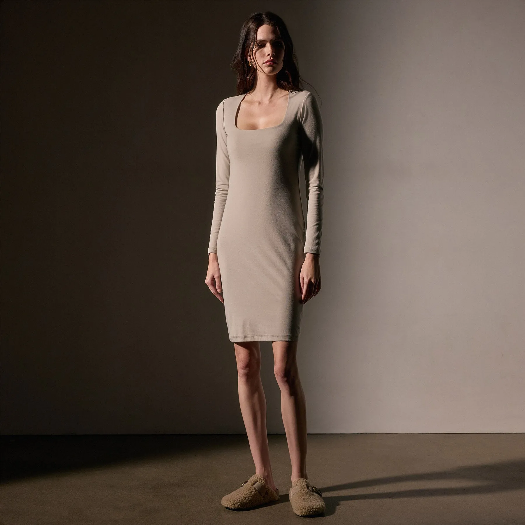 Stretch Lotus Open Neck Dress - Tan