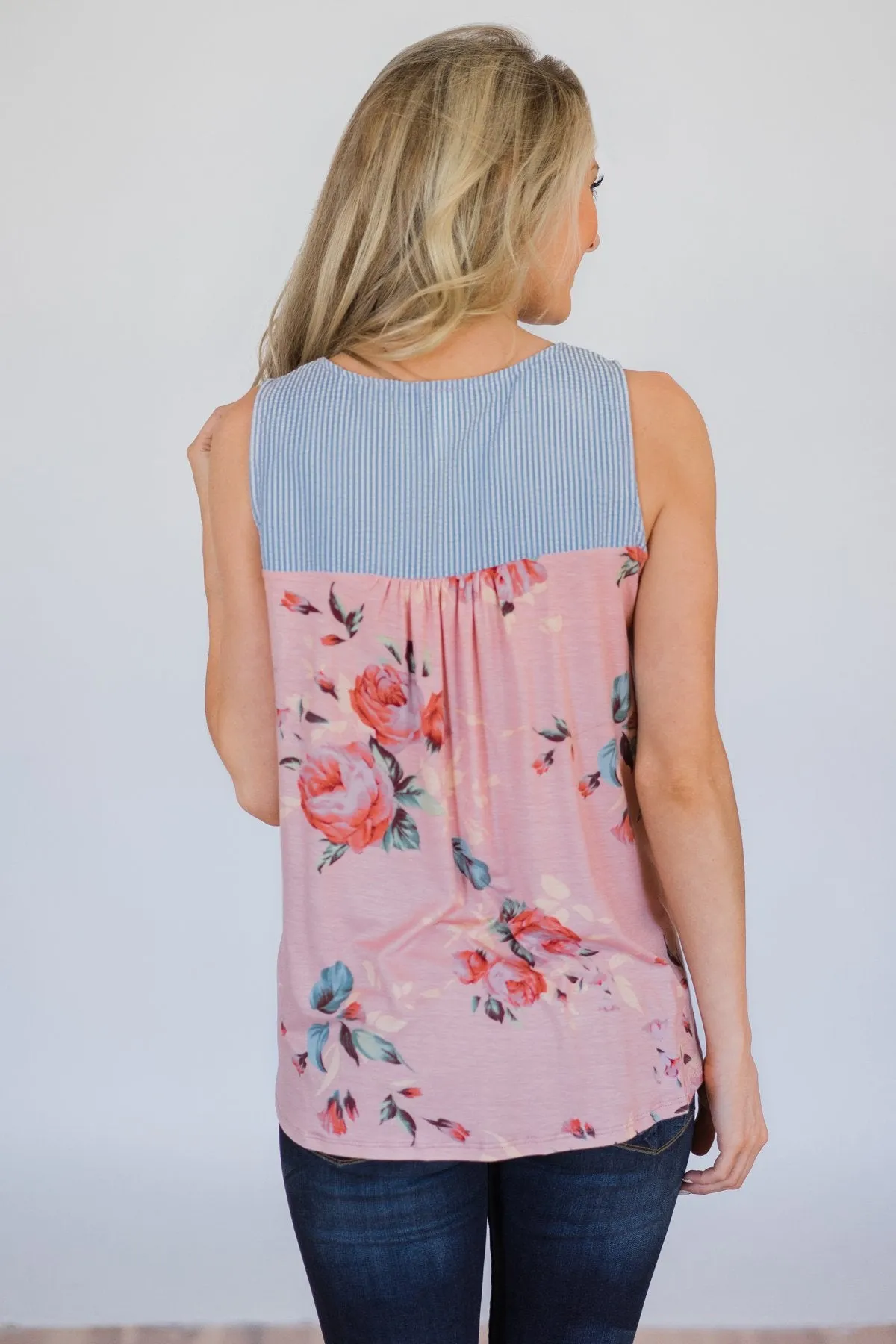 Stroll Through the Park Floral & Stripe Tank Top- Rose Pink