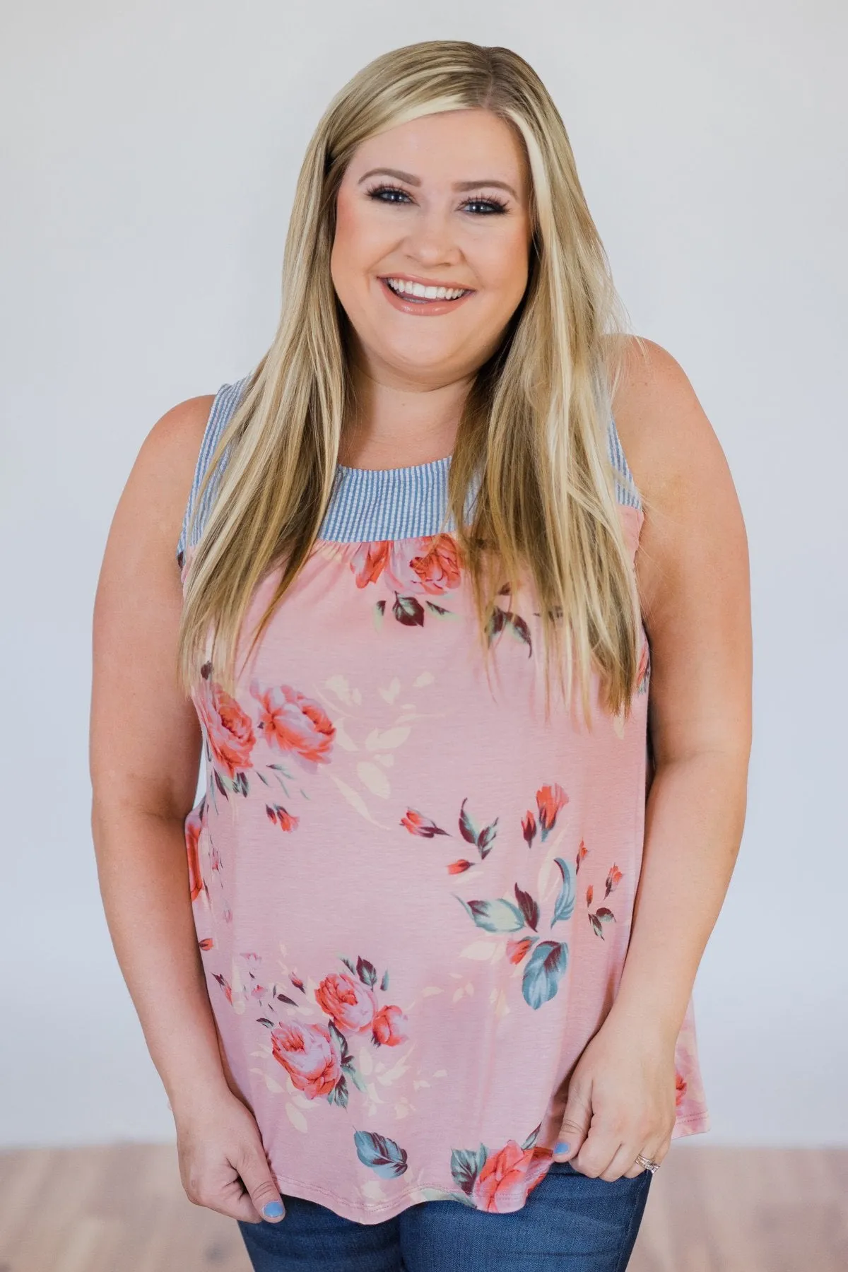 Stroll Through the Park Floral & Stripe Tank Top- Rose Pink