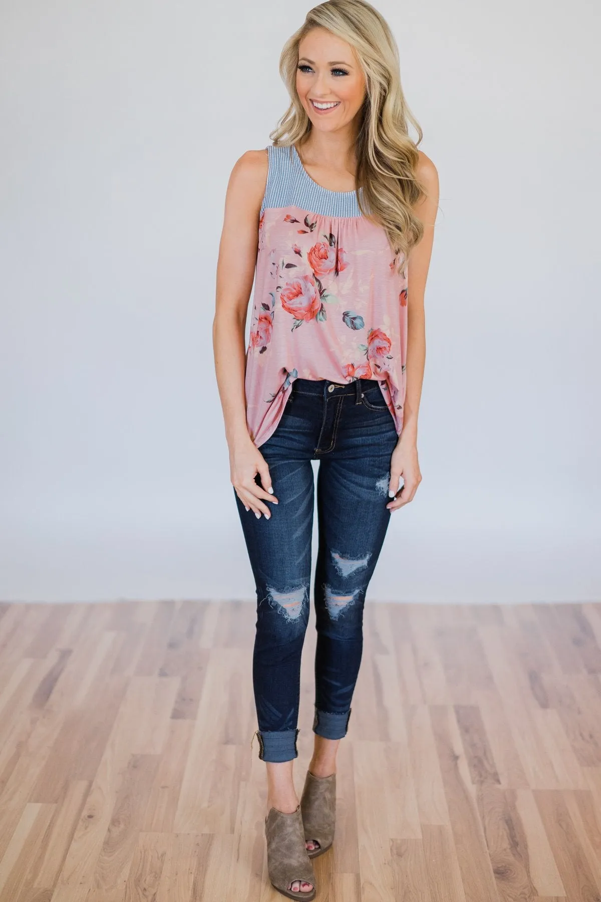 Stroll Through the Park Floral & Stripe Tank Top- Rose Pink