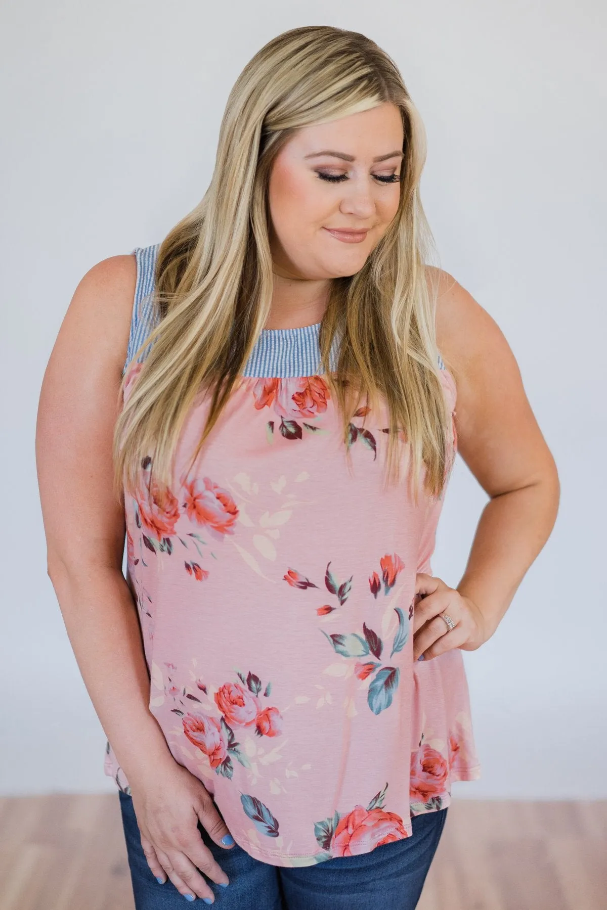 Stroll Through the Park Floral & Stripe Tank Top- Rose Pink