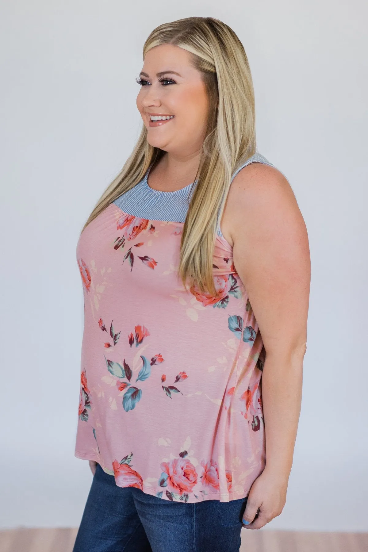 Stroll Through the Park Floral & Stripe Tank Top- Rose Pink