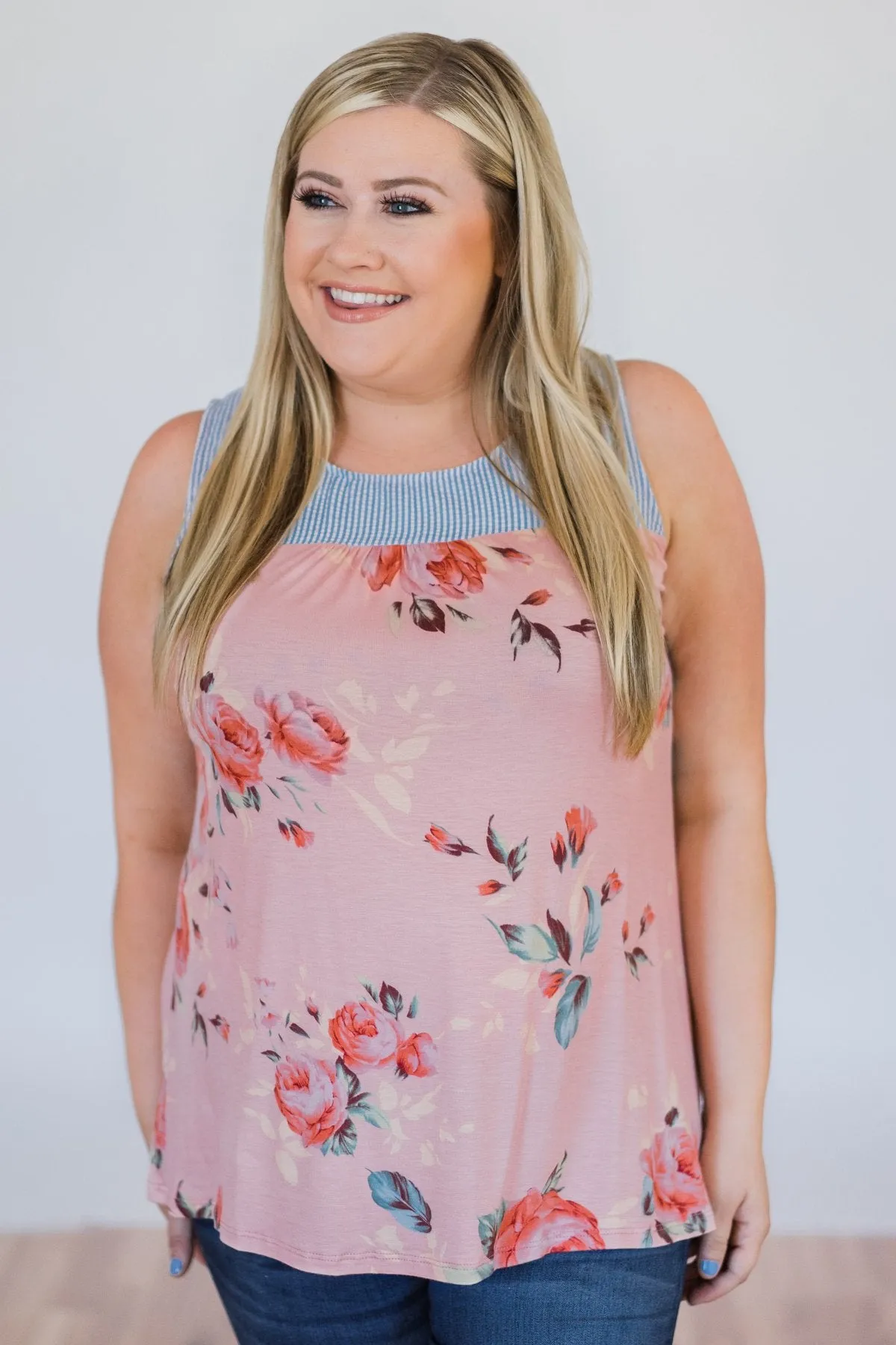 Stroll Through the Park Floral & Stripe Tank Top- Rose Pink