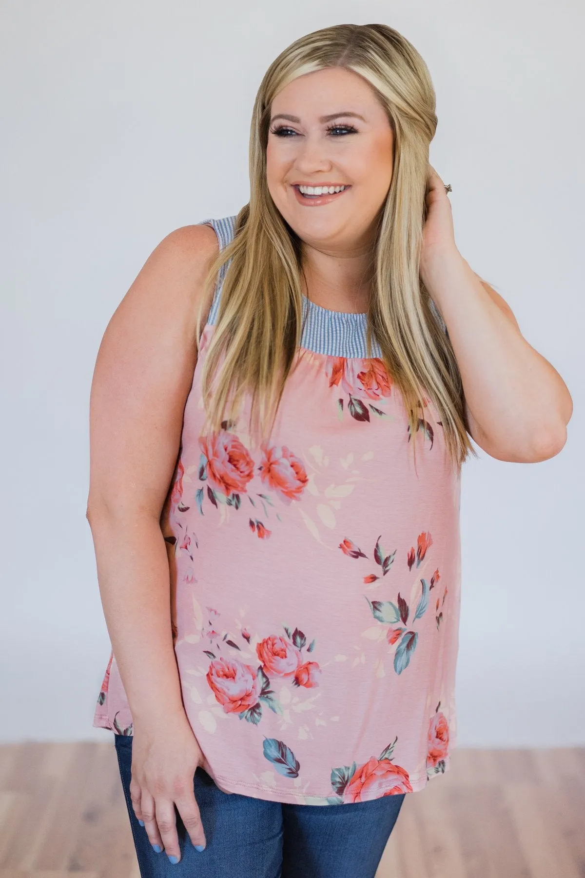 Stroll Through the Park Floral & Stripe Tank Top- Rose Pink