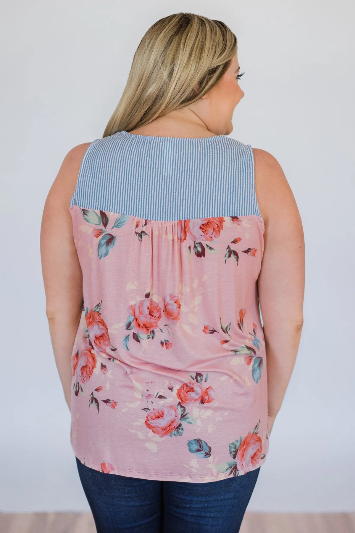 Stroll Through the Park Floral & Stripe Tank Top- Rose Pink