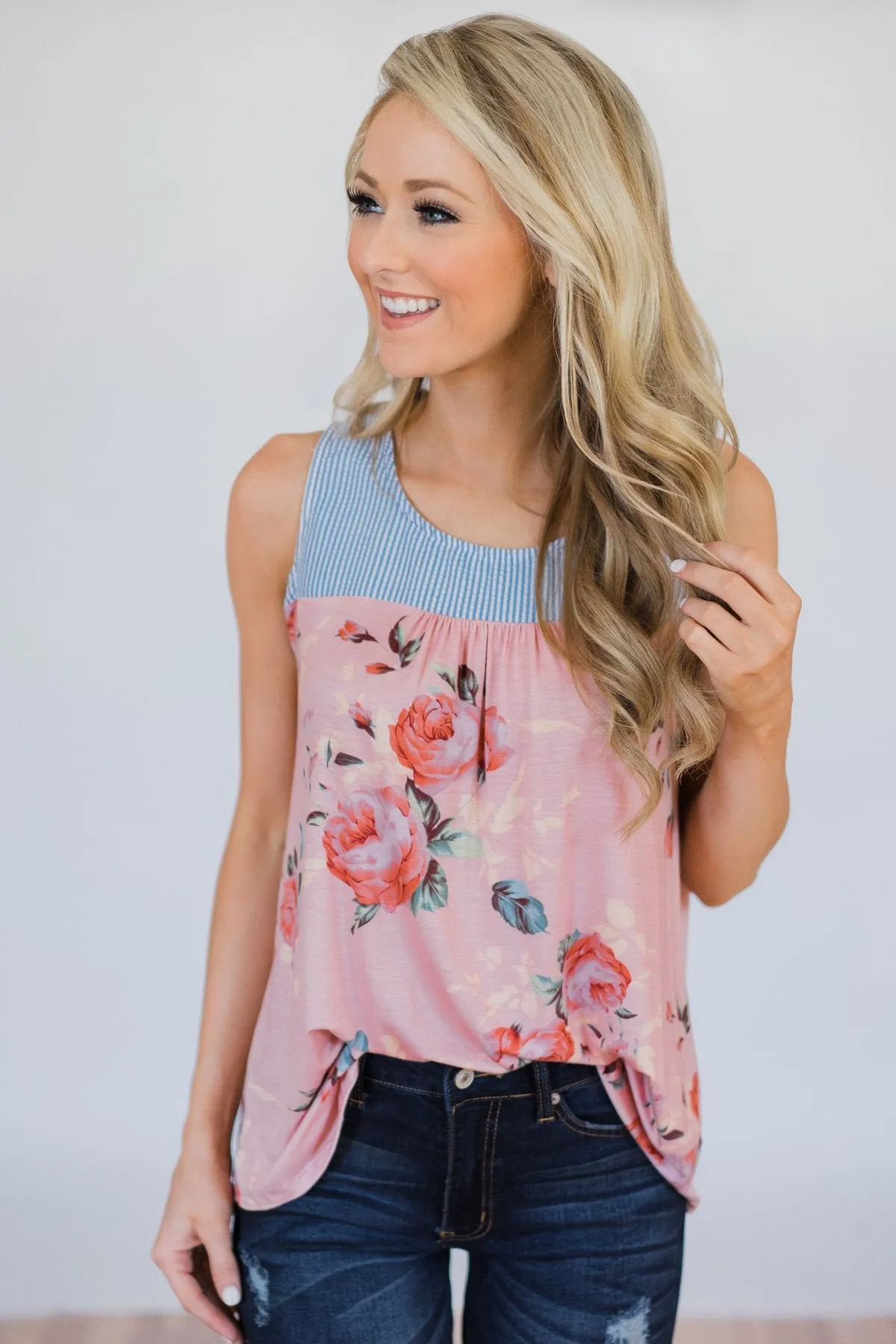 Stroll Through the Park Floral & Stripe Tank Top- Rose Pink