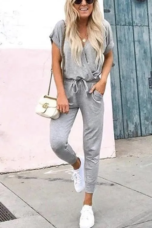 Stunncal V Neck Short Sleeve Tie Waist Solid Jumpsuit