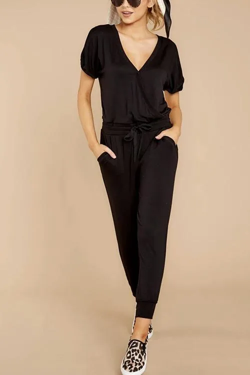Stunncal V Neck Short Sleeve Tie Waist Solid Jumpsuit