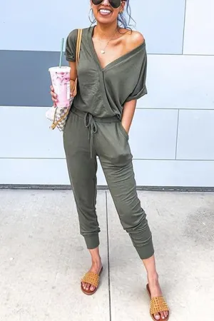 Stunncal V Neck Short Sleeve Tie Waist Solid Jumpsuit