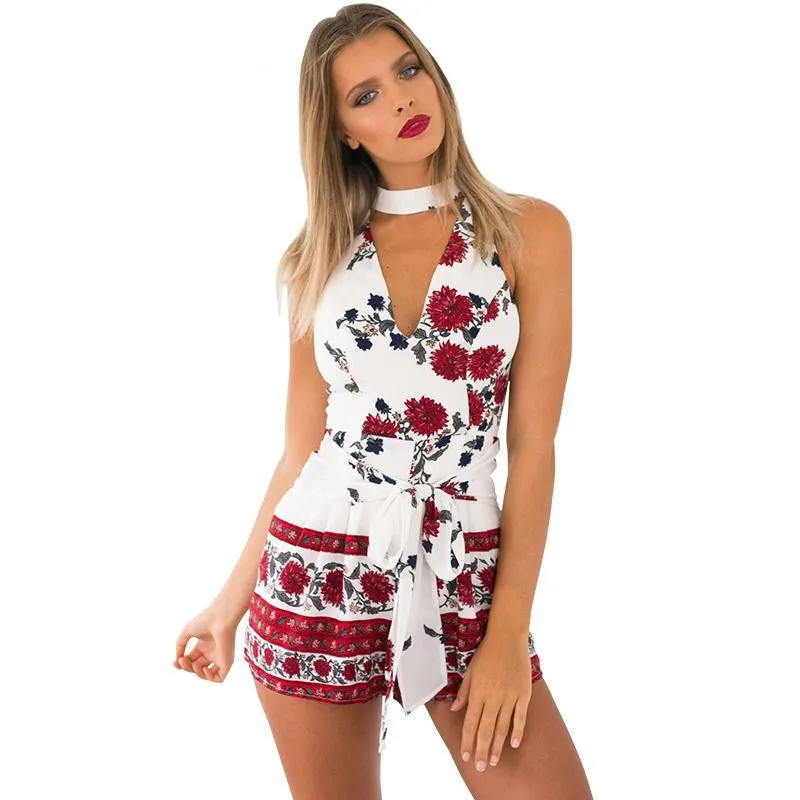 Summer beach floral print elegant jumpsuit romper High waist halter bow short playsuit Women v neck boho overalls