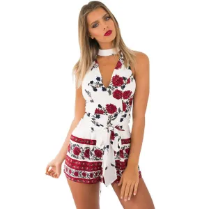 Summer beach floral print elegant jumpsuit romper High waist halter bow short playsuit Women v neck boho overalls