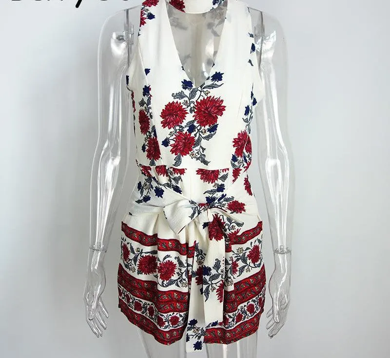 Summer beach floral print elegant jumpsuit romper High waist halter bow short playsuit Women v neck boho overalls