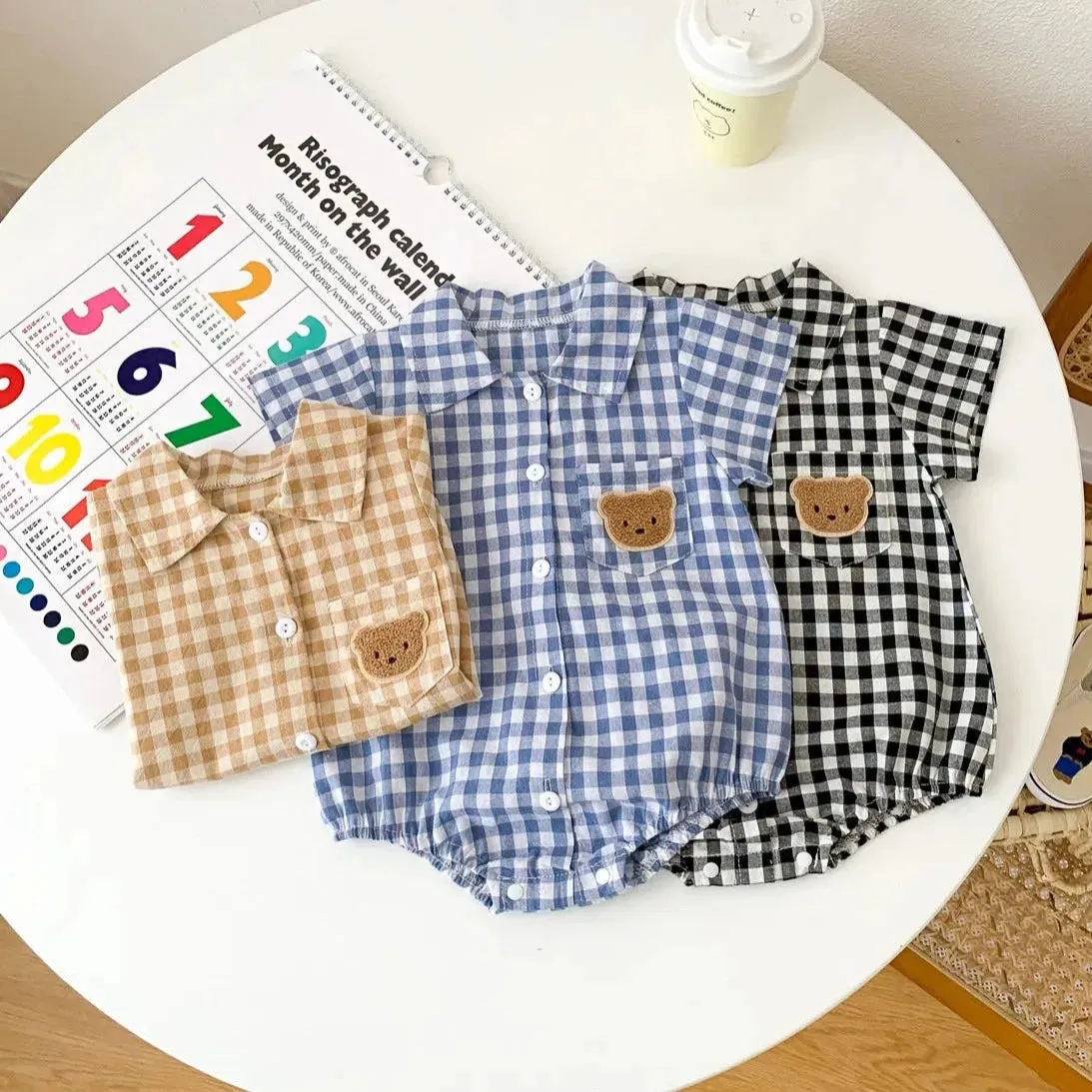 Summer Short Sleeve Plaid Embroidery Bear Outfits