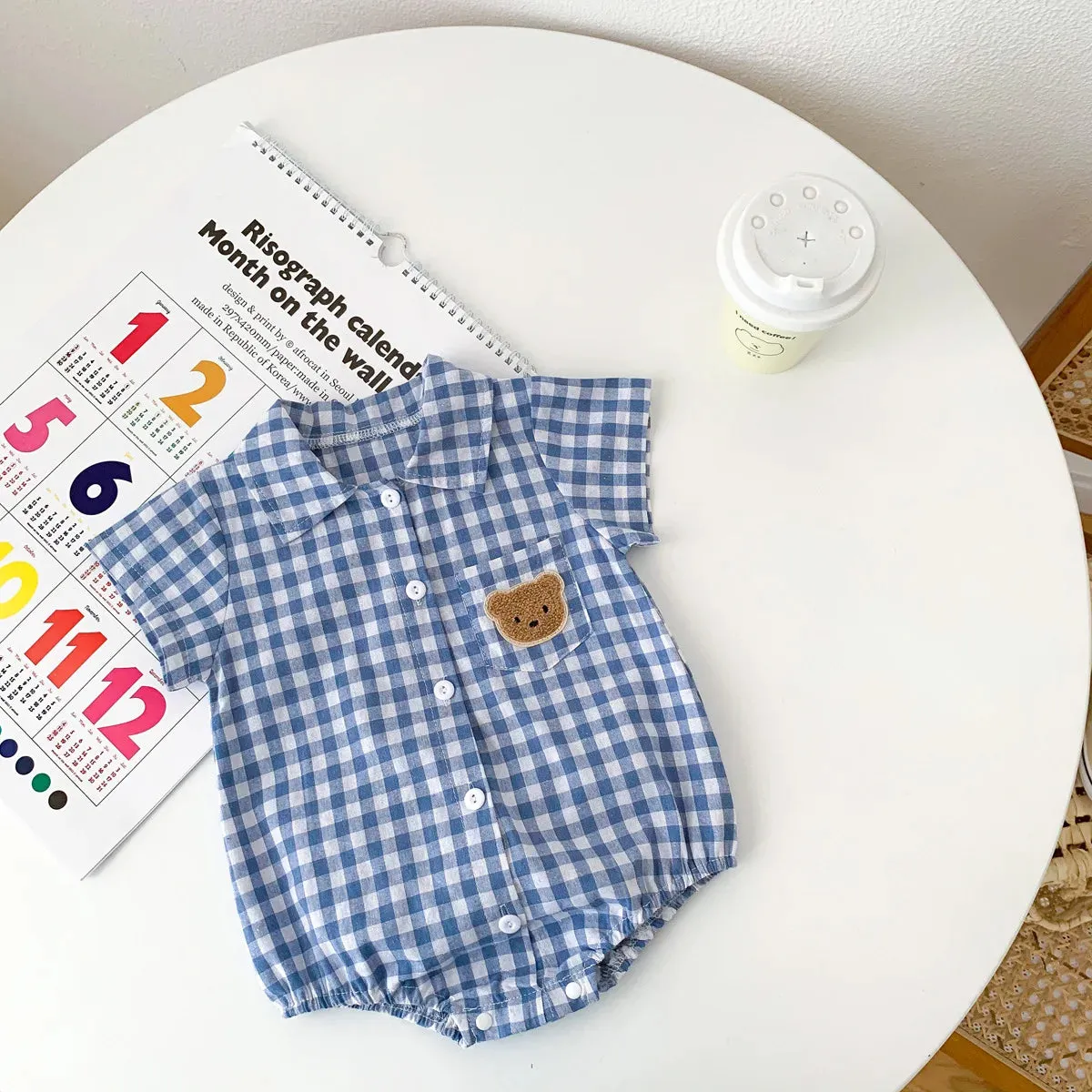 Summer Short Sleeve Plaid Embroidery Bear Outfits