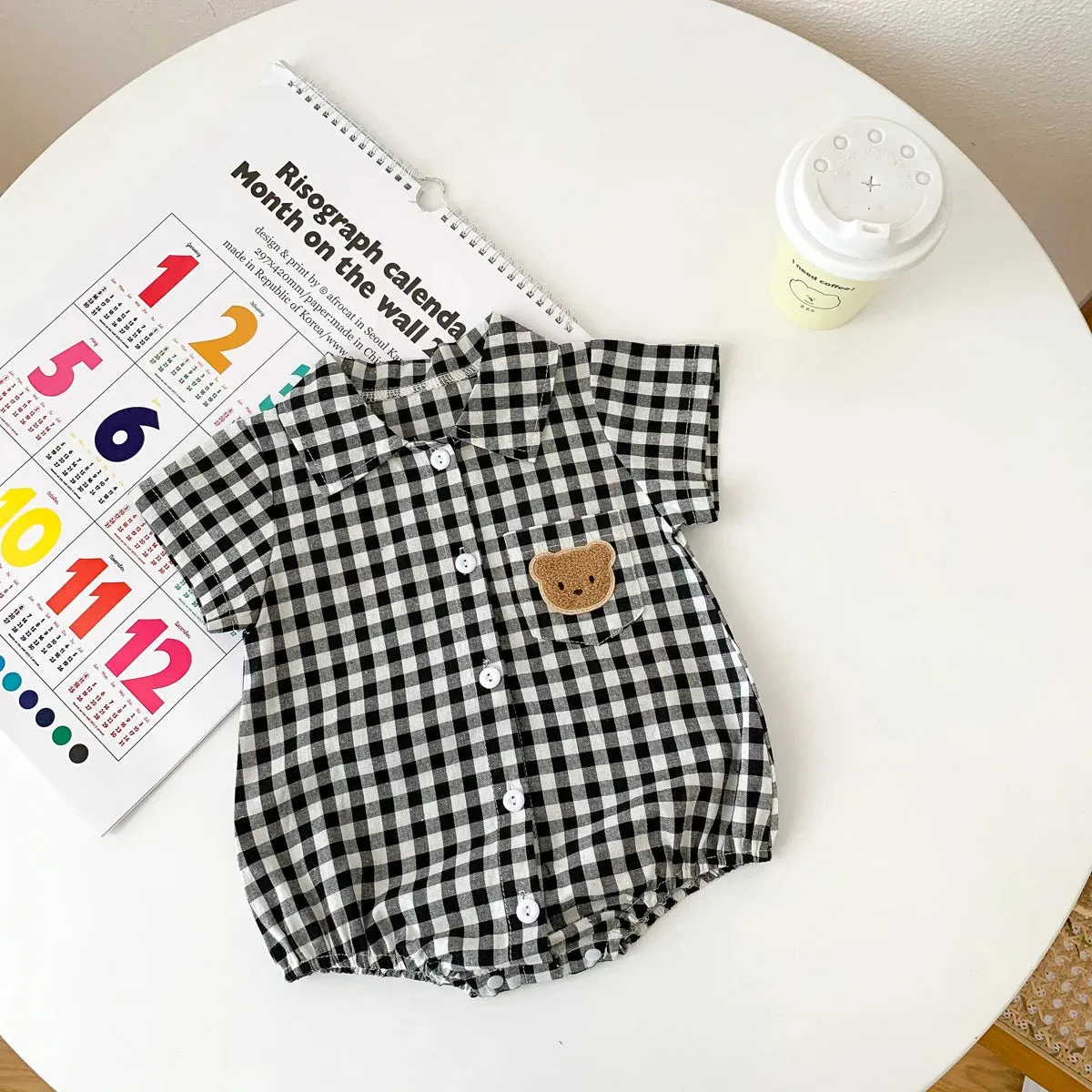 Summer Short Sleeve Plaid Embroidery Bear Outfits