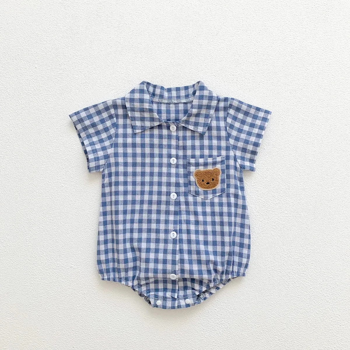 Summer Short Sleeve Plaid Embroidery Bear Outfits