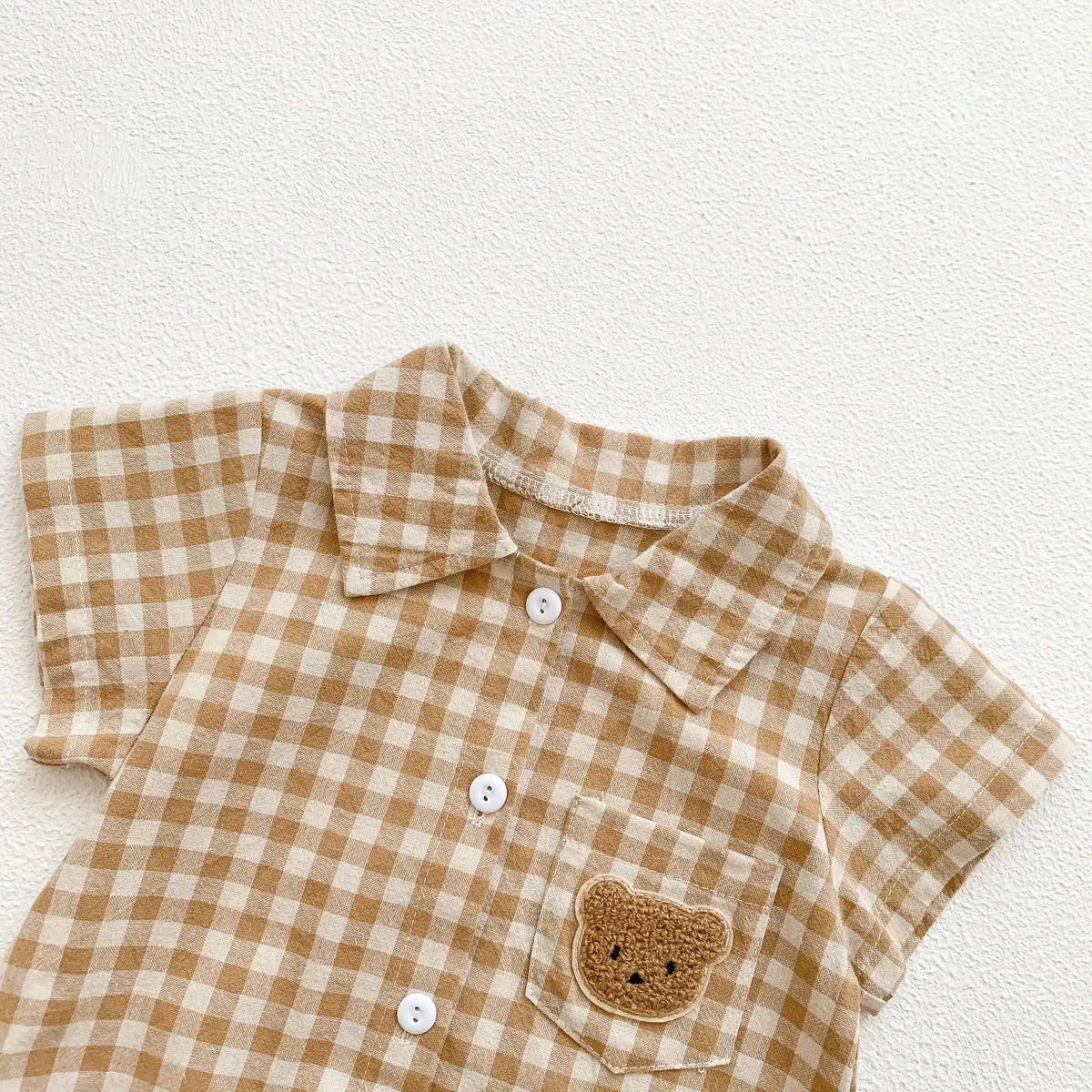 Summer Short Sleeve Plaid Embroidery Bear Outfits