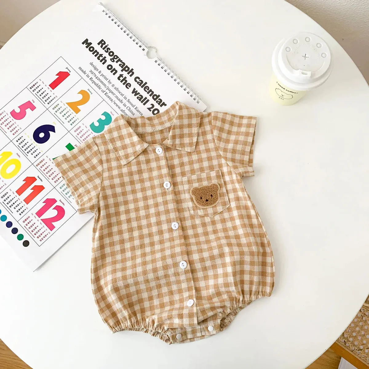 Summer Short Sleeve Plaid Embroidery Bear Outfits