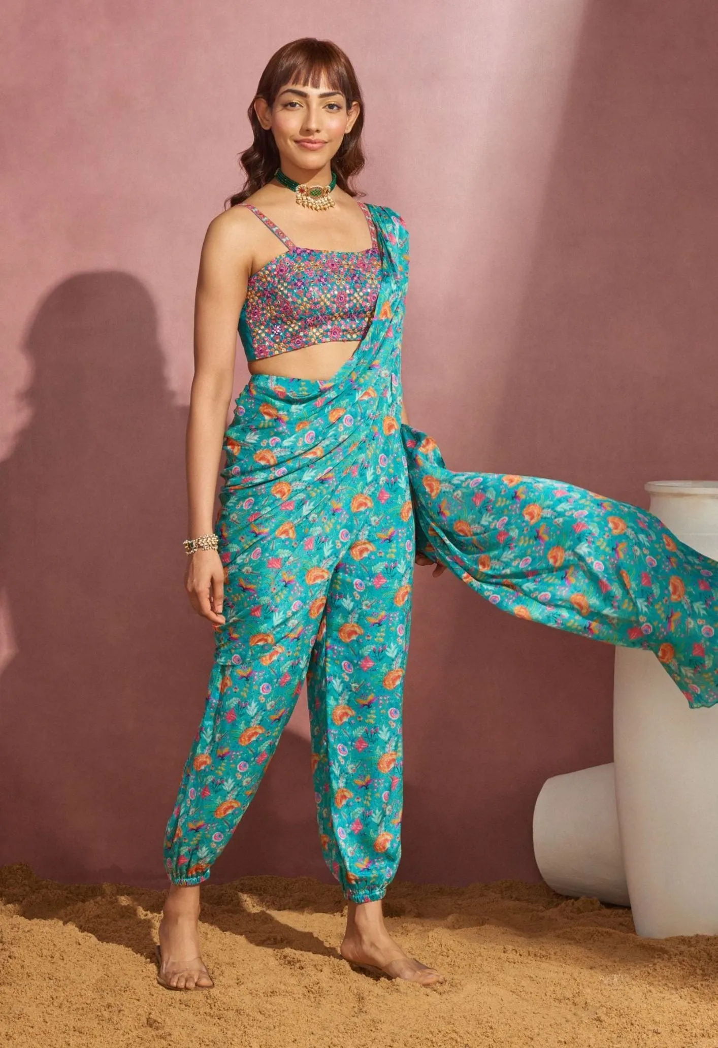 Teal Floral Jumpsuit With Drape Saree And Blouse