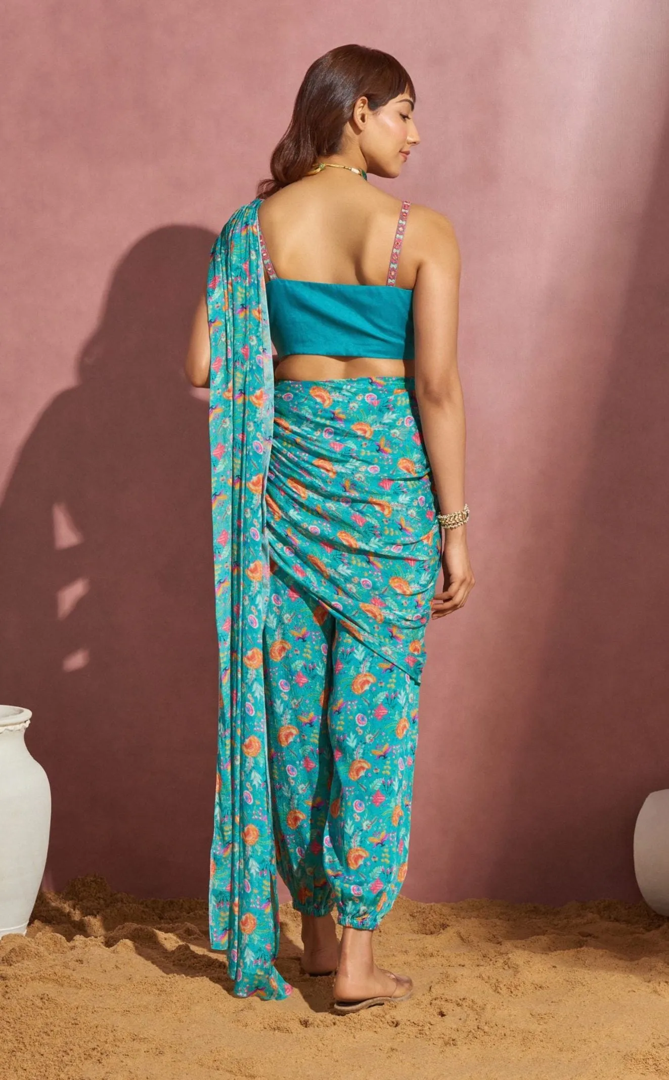 Teal Floral Jumpsuit With Drape Saree And Blouse