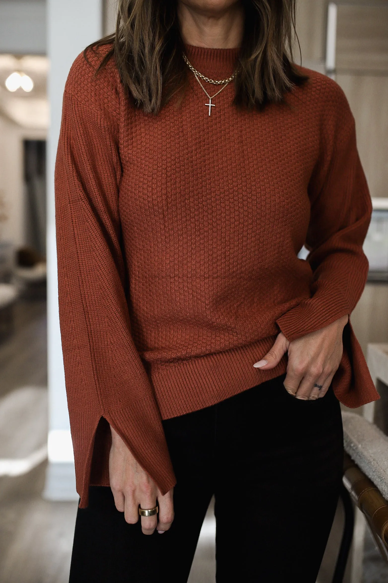 Textured Round Neck Long Sleeve Sweater