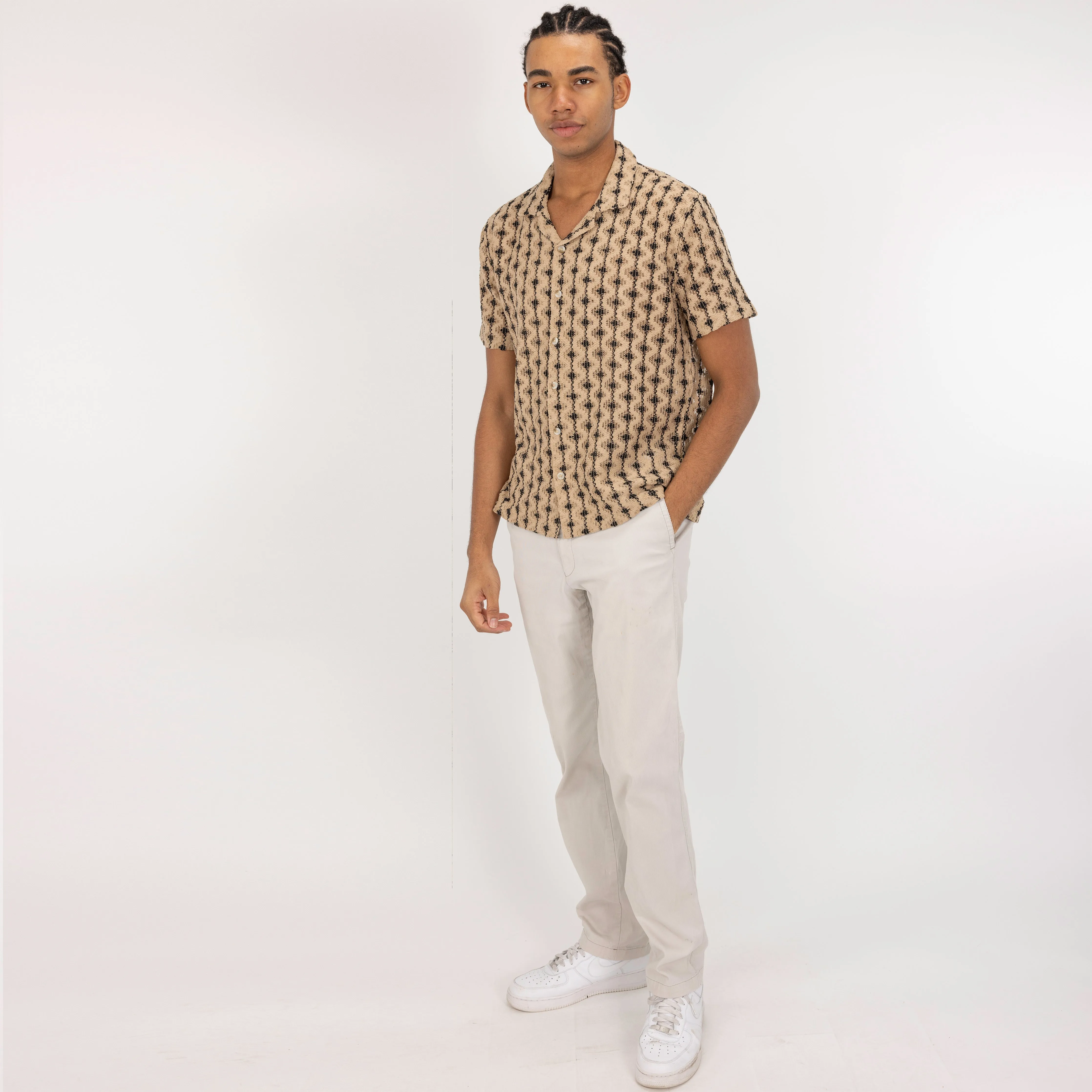 Textured Woven Crochet Camp Shirt  - Starfish / Black Stripe And Dot