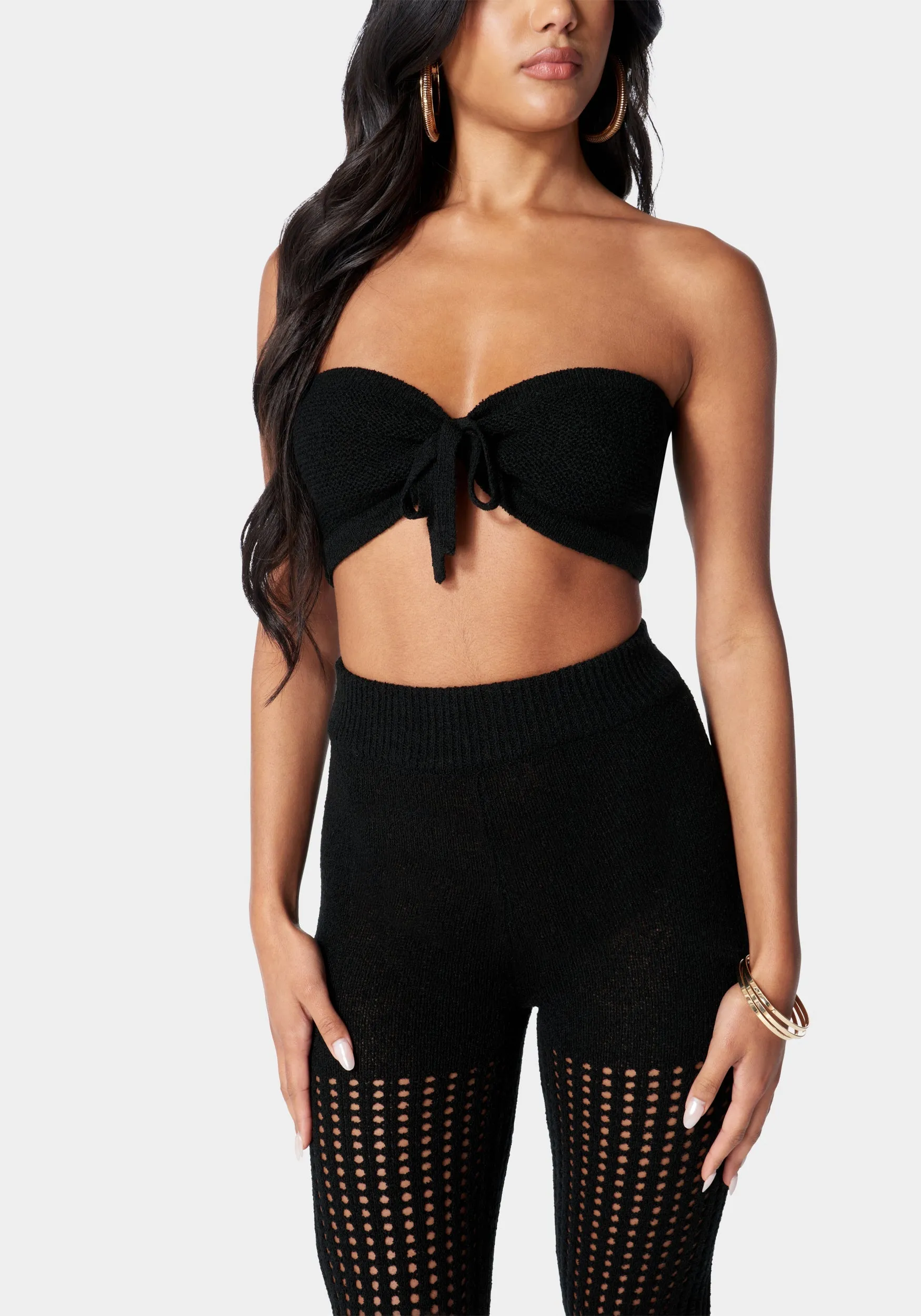 Tie Front Bandeau Sweater Top & Wide Leg Sweater Pant