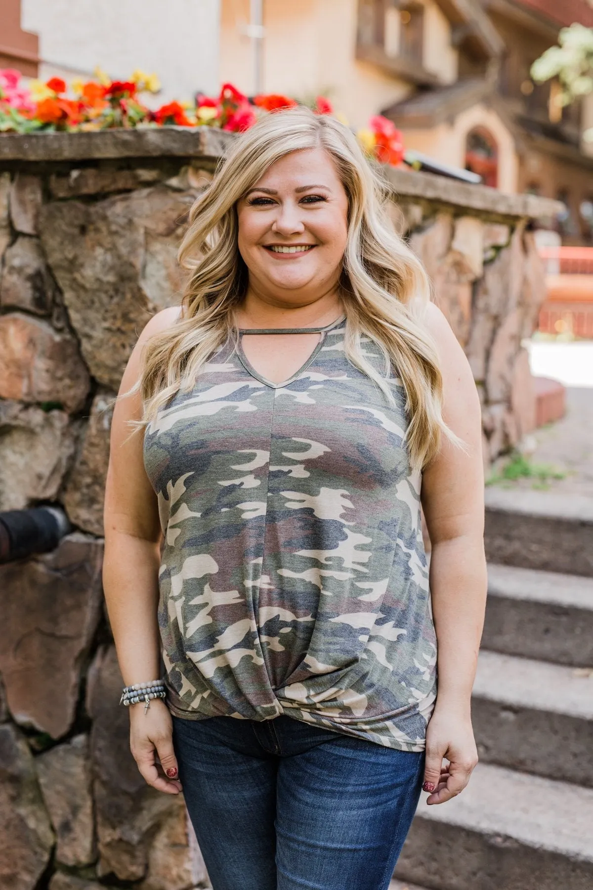 Twist of Camo Keyhole Tank Top