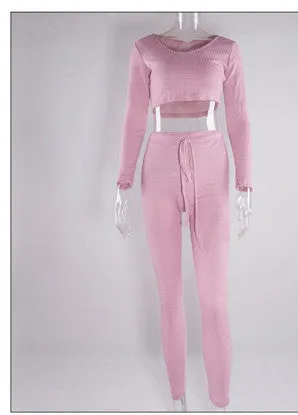 Two Piece Outfits Knitted Rompers Womens Jumpsuit Long Pants Crop Tops Overalls High Quality Sexy Bodycon Bodysuit