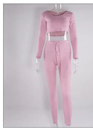 Two Piece Outfits Knitted Rompers Womens Jumpsuit Long Pants Crop Tops Overalls High Quality Sexy Bodycon Bodysuit
