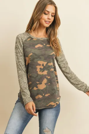 Two Toned Brushed Sleeved Contrast Leopard Top