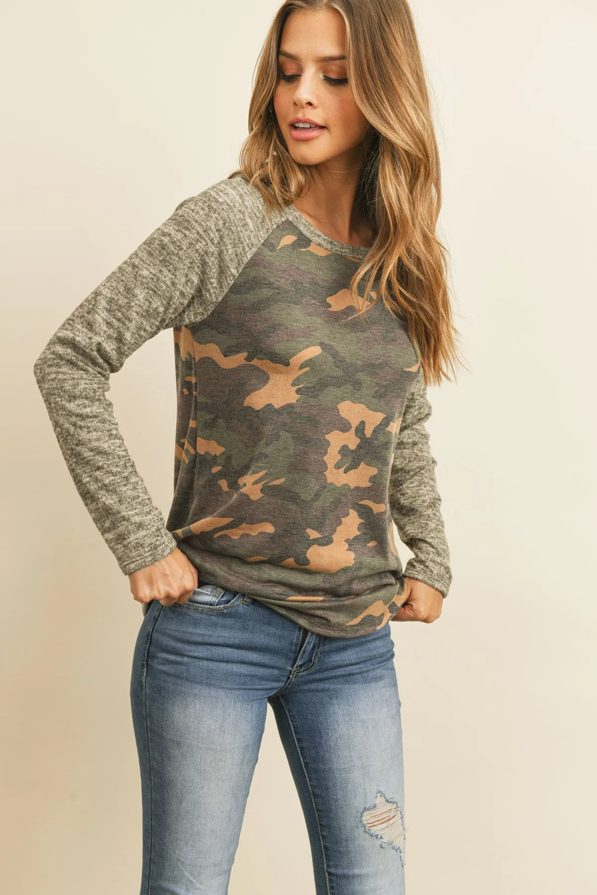 Two Toned Brushed Sleeved Contrast Leopard Top