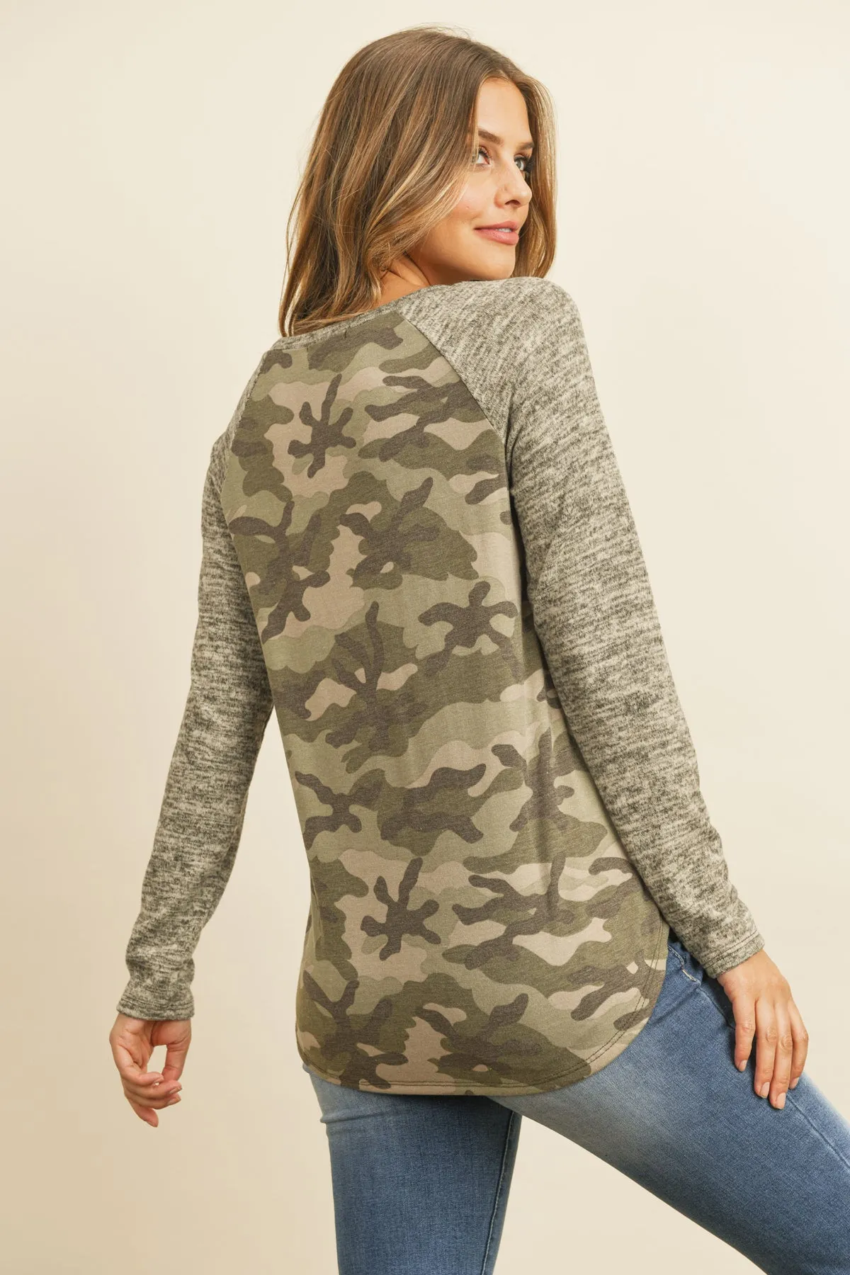 Two Toned Brushed Sleeved Contrast Leopard Top
