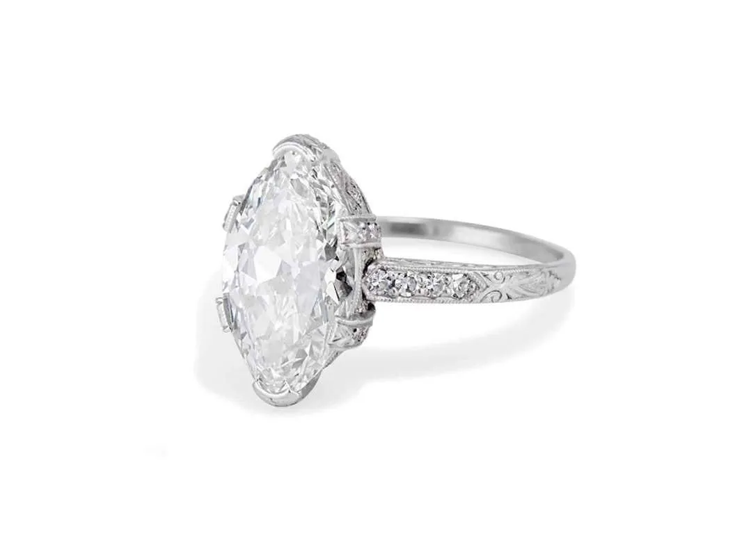 Unique Marquise Shape Moissanite Engagement Ring, 4.07carat Vintage Hidden Halo 14k White Gold Handmade Desing, Anniversary Gift