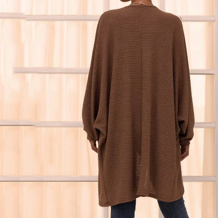 Unwind Open Front Waffle Knit Long Sleeve Cardigan