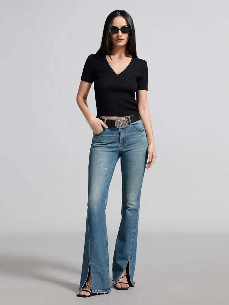 V-Neck Knit Top With Mulberry Silk
