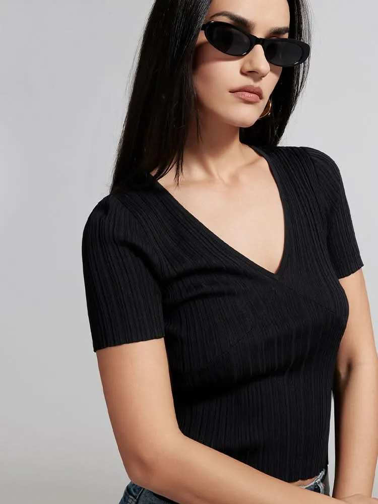 V-Neck Knit Top With Mulberry Silk