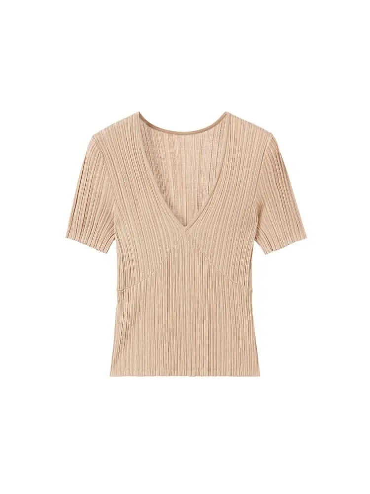 V-Neck Knit Top With Mulberry Silk
