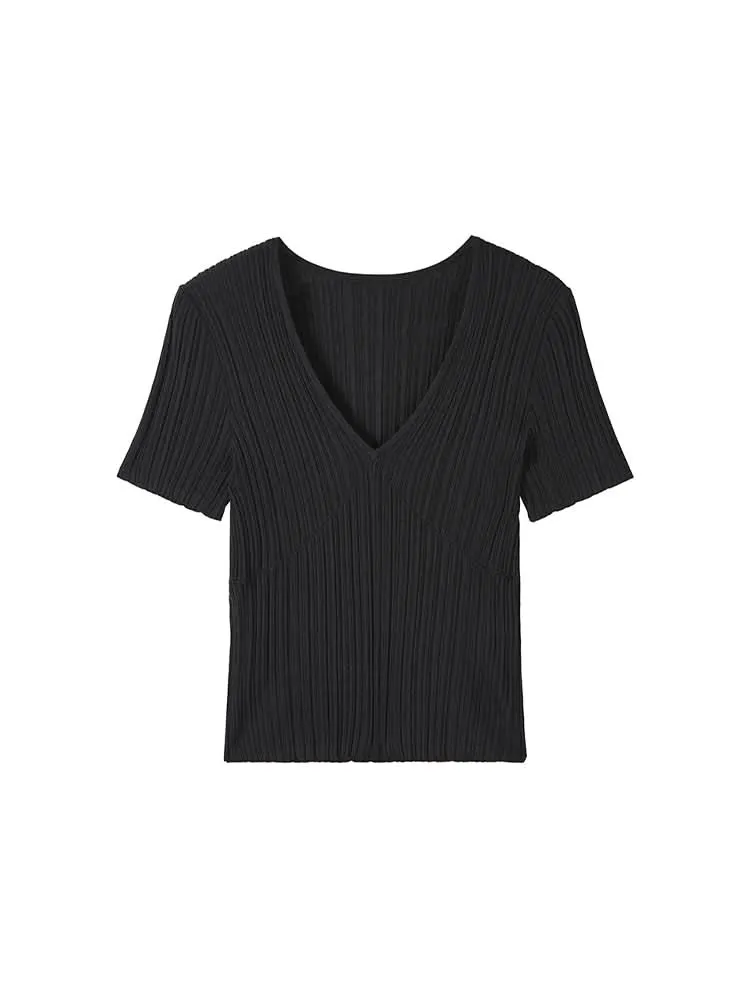V-Neck Knit Top With Mulberry Silk