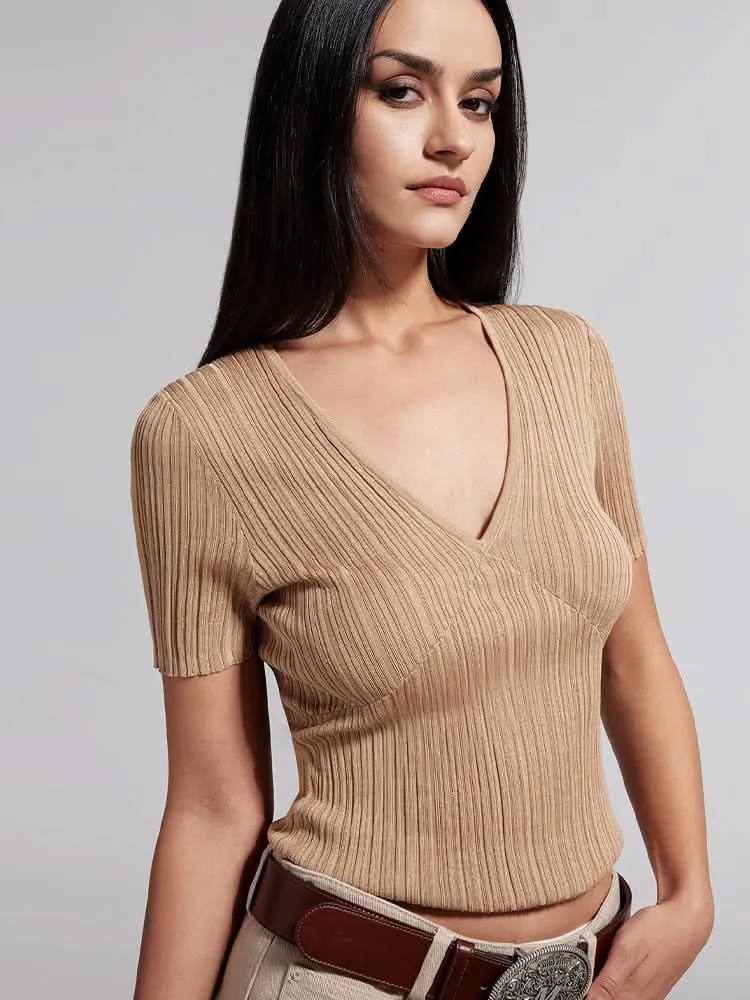 V-Neck Knit Top With Mulberry Silk