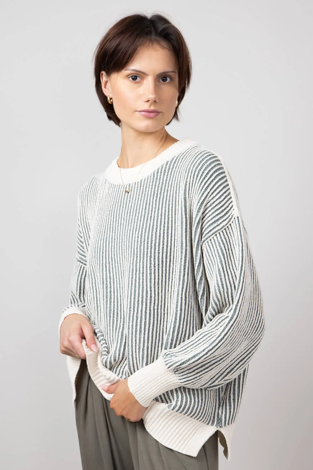 Vertical Stripe Sweater for Women in White Olive | SWT70146-WHITEOLIVE