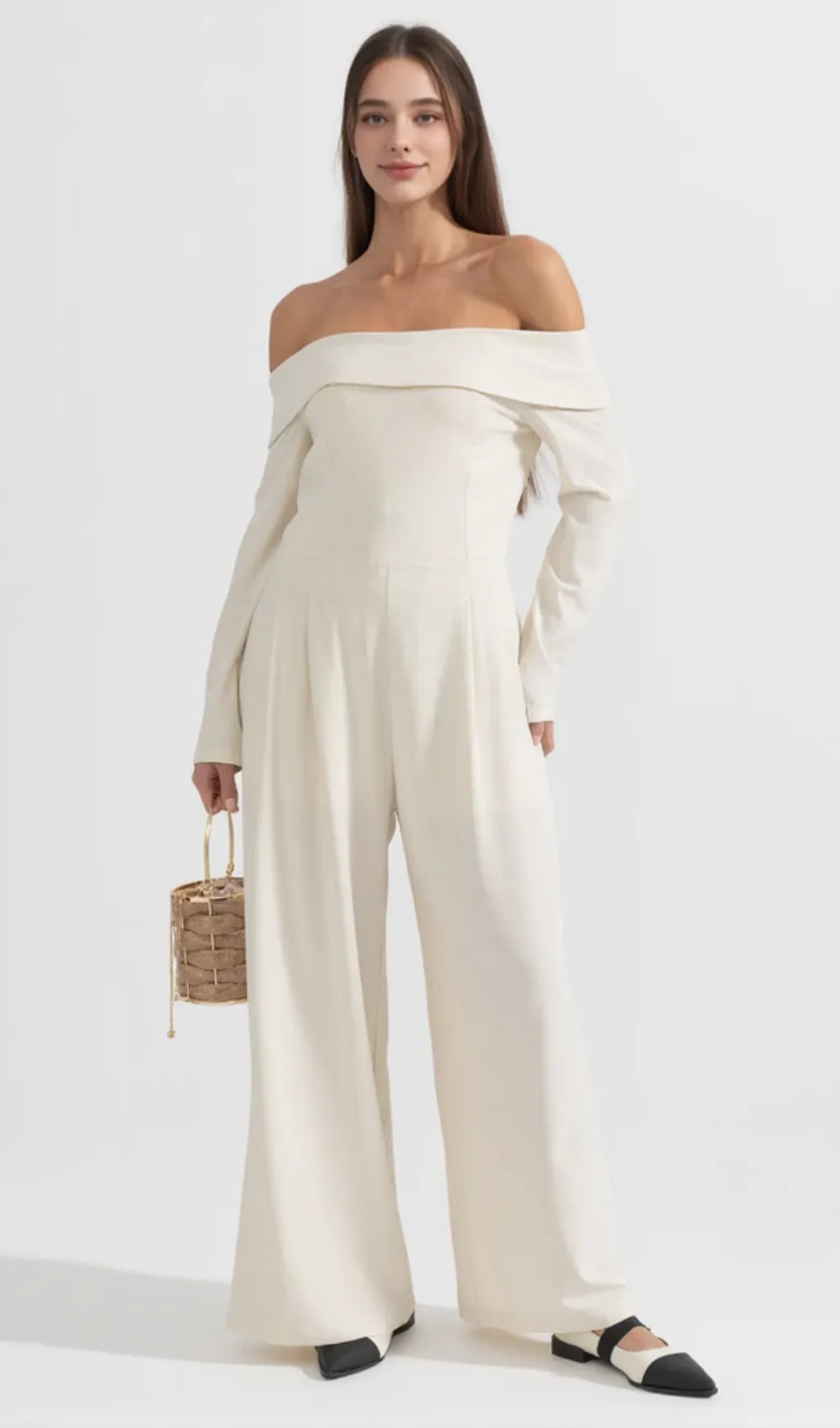 Vesper off-the-shoulder crepe jumpsuit in ivory