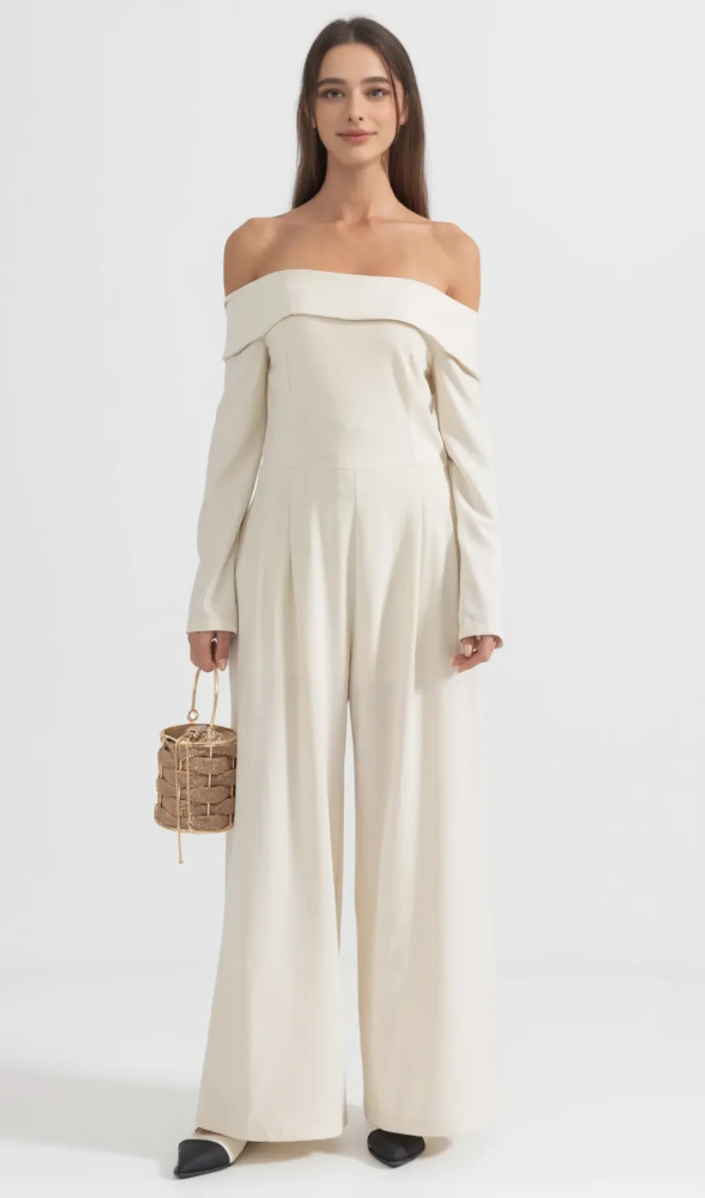 Vesper off-the-shoulder crepe jumpsuit in ivory