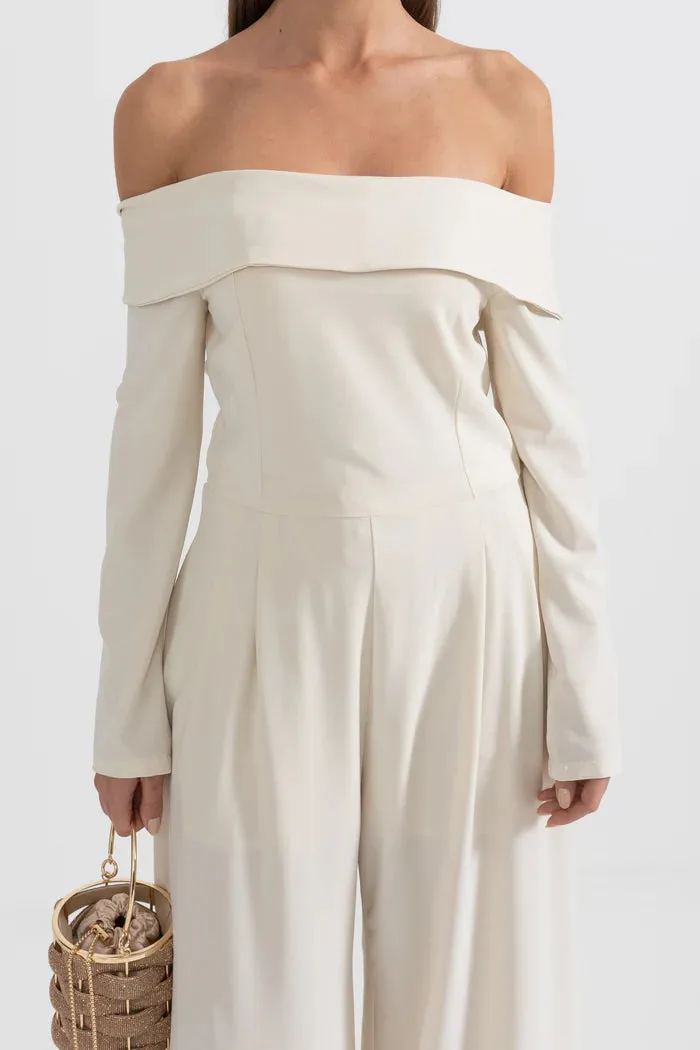 Vesper off-the-shoulder crepe jumpsuit in ivory