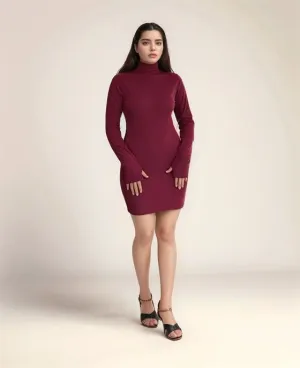 Wine High Neck Bodycon Mini Dress